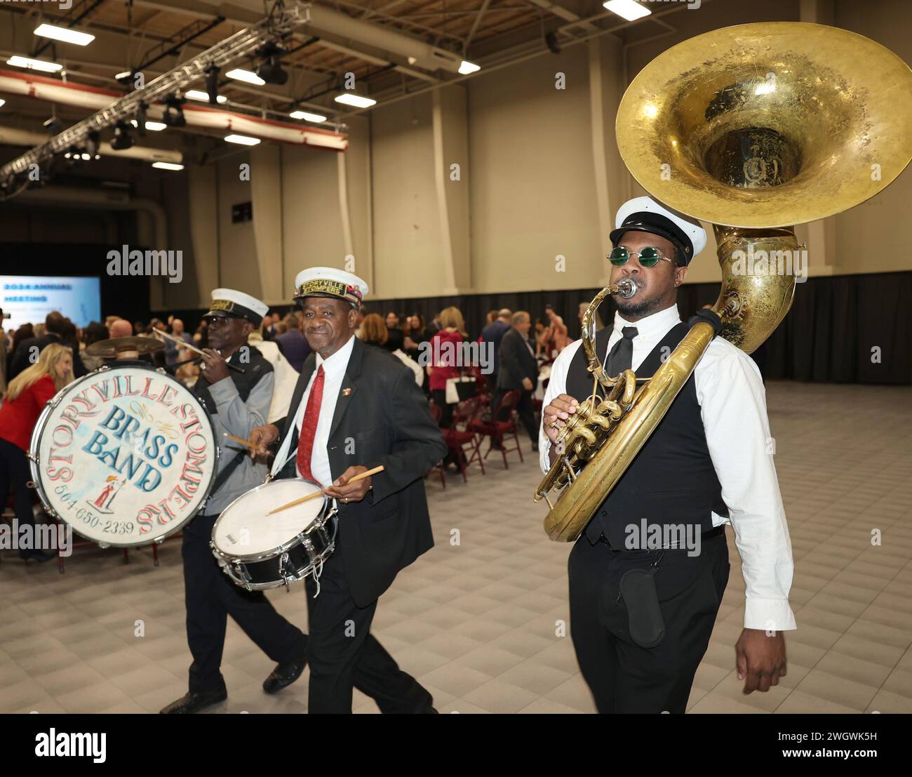 Westwego, USA. 06th Feb, 2024. The Storyville Brass Band performs a second line celebration to close out the Jefferson Chamber of Commerce's 2024 Annual Meeting at the Alario Center in Westwego, Louisiana on Tuesday, February 6, 2023. (Photo by Peter G. Forest/Sipa USA) Credit: Sipa USA/Alamy Live News Stock Photo