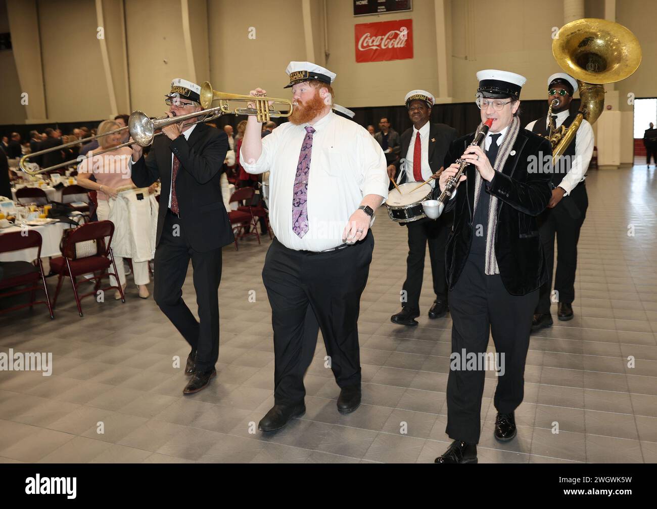 Westwego, USA. 06th Feb, 2024. The Storyville Brass Band performs a second line celebration to close out the Jefferson Chamber of Commerce's 2024 Annual Meeting at the Alario Center in Westwego, Louisiana on Tuesday, February 6, 2023. (Photo by Peter G. Forest/Sipa USA) Credit: Sipa USA/Alamy Live News Stock Photo