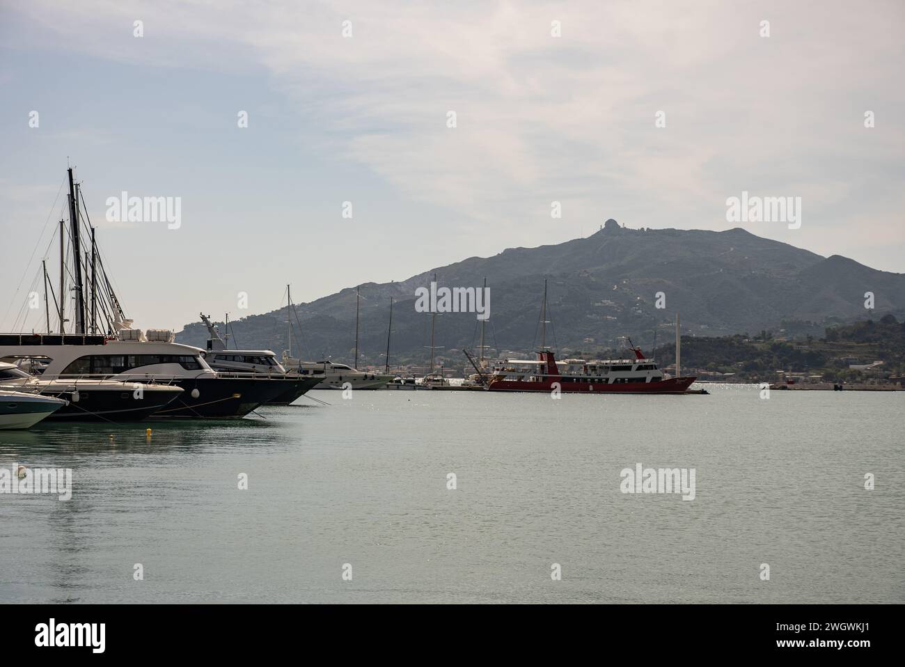Harbor port of Zakynthos town seen from bochali view point, Greece.  Zakynthos pier town city. Stock Photo