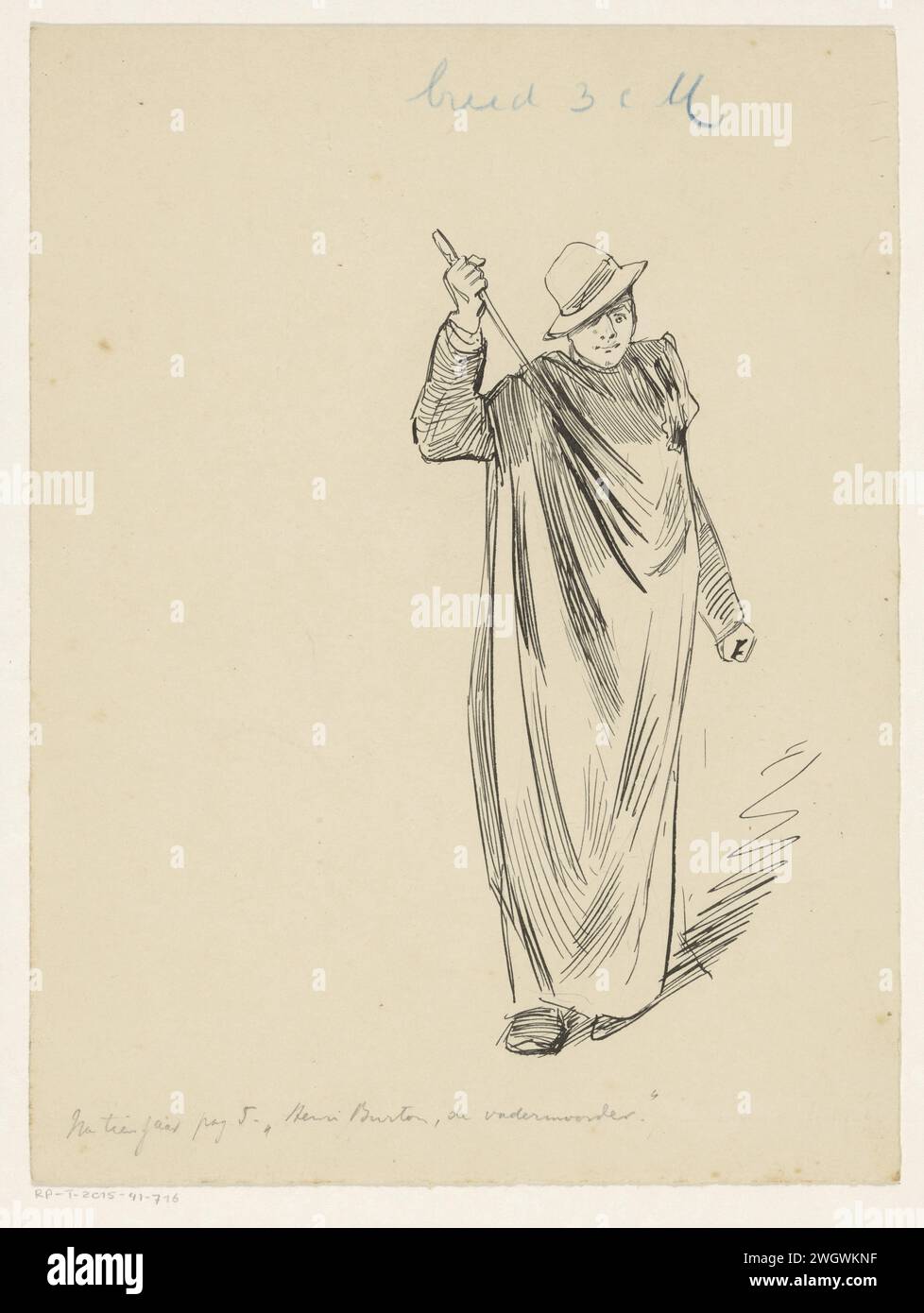 Man with stab weapon, in or before 1898 drawing A standing man dressed in a drapery with a hat on the head. The man holds a stab weapon with his right hand.  paper. India ink (ink) pen hacking and thrusting weapons. drapery, draped garment, 'Gewandgebung'. head-gear: hat (+ men's clothes) Stock Photo
