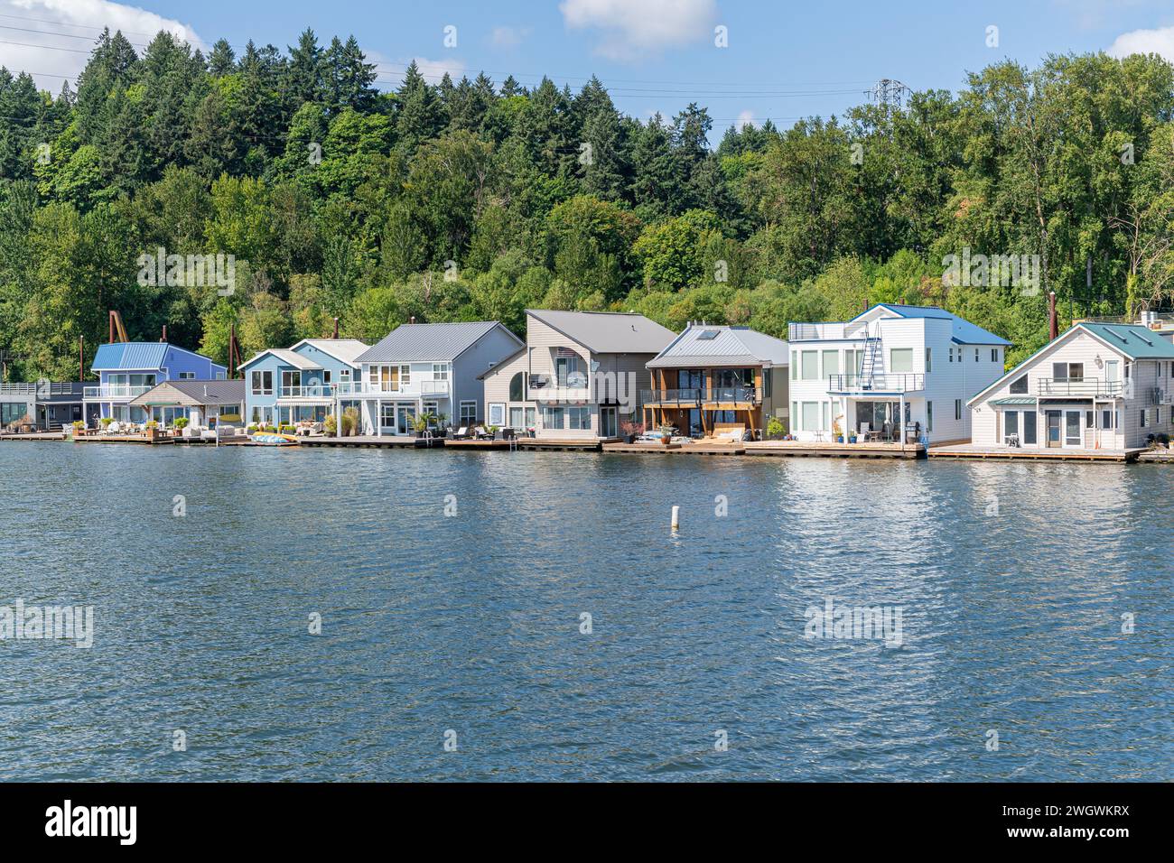 A community of Floating Homes Along The Willamette River in Portland