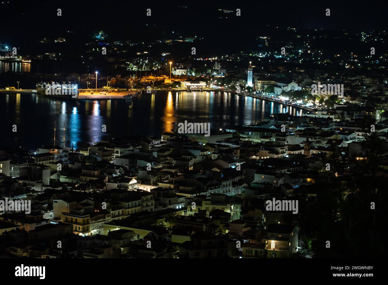 Harbor of Zakynthos town seen from bochali view point, Greece.  Zakynthos town city at night.   Night Panorama of the Zante Zakynthos town in Greece. Stock Photo