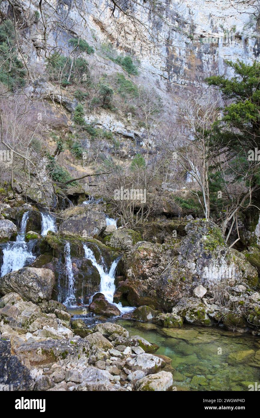 Waterfall in Nacimiento del Rio Mundo in Sierra de Alcaraz, Albacete province, Spain Stock Photo