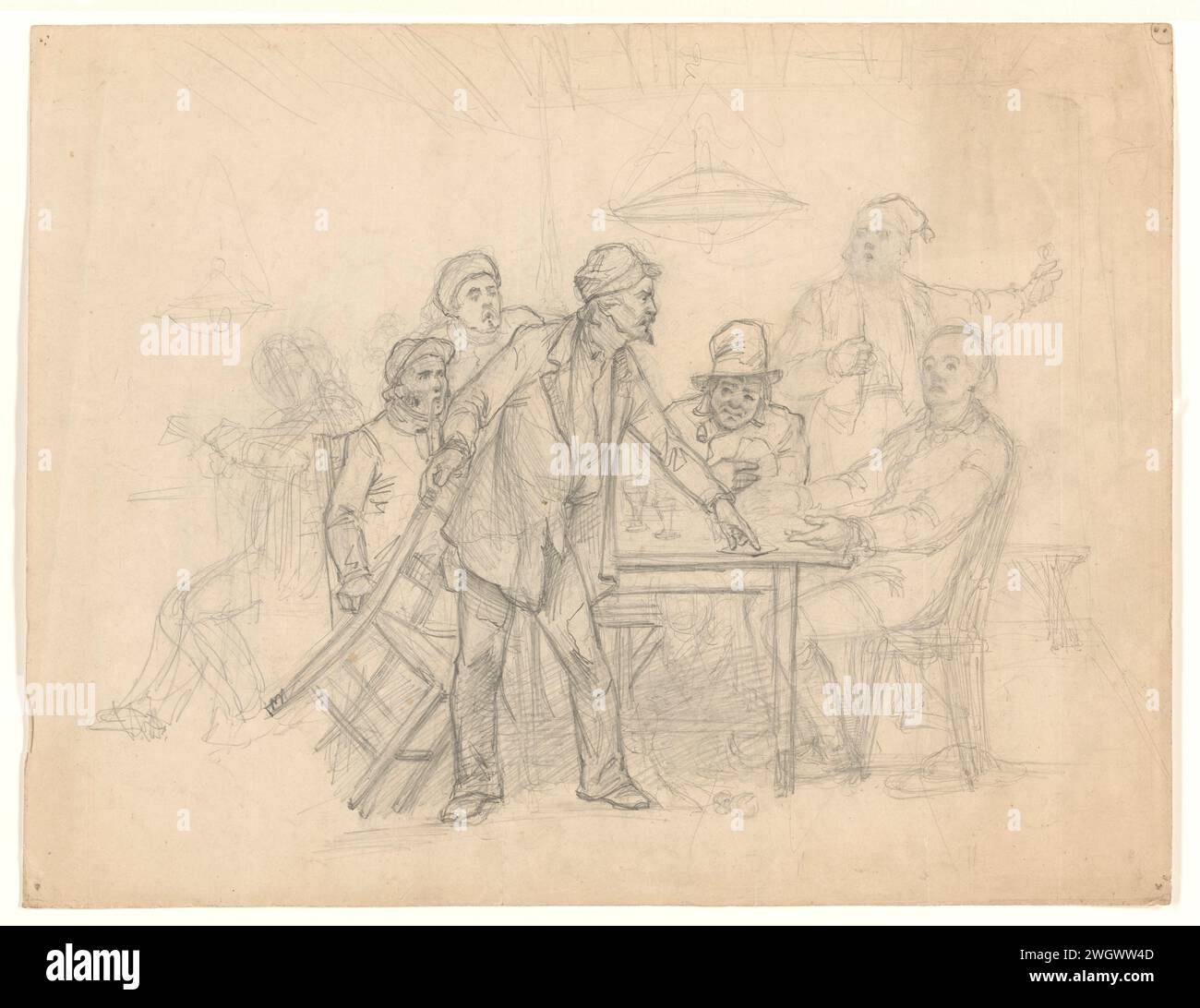 Quarrel between men around a table in a cafe, Johan Braakensiek, c. 1868 - c. 1940 drawing Possibly a design for a print.  paper. pencil Stock Photo