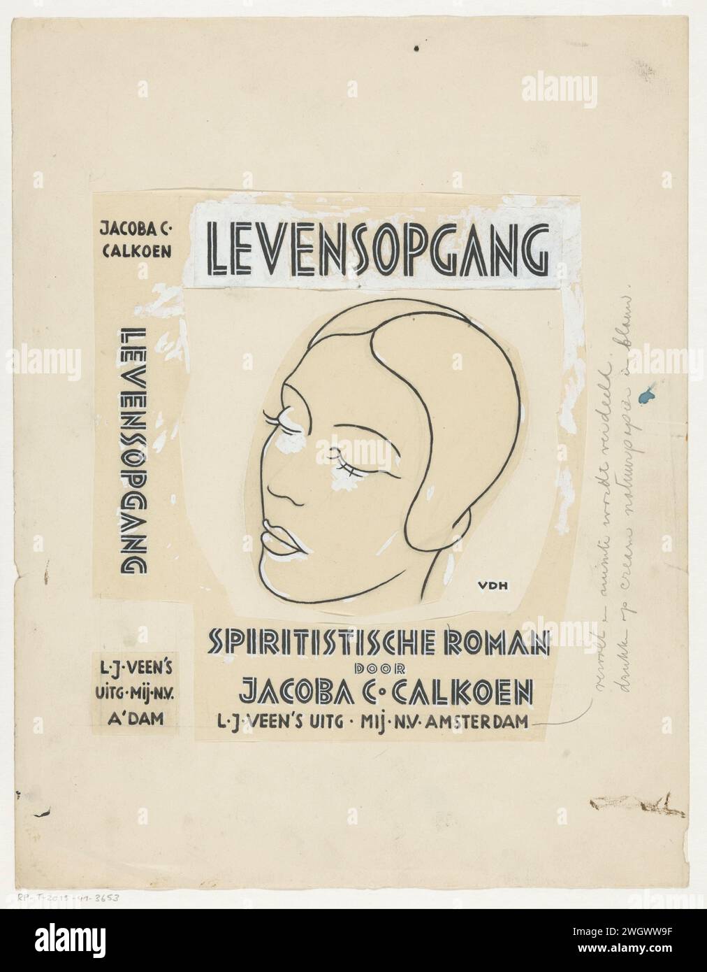 Band design for: Jacoba C. Calkoen, Life Opgang. Spiritistic novel, 1933, Unknown, in Or Before 1933 drawing Head of a woman with short hair and closed eyes.  paper. paint (coating). deck paint. pencil brush head (human) - AA - female human figure. eyes closed Stock Photo