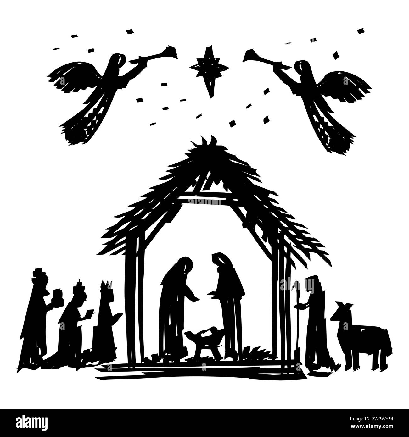 Hand drawn nativity scene. Wise men and shepherds come to worship the born Savior of the world. Stock Vector