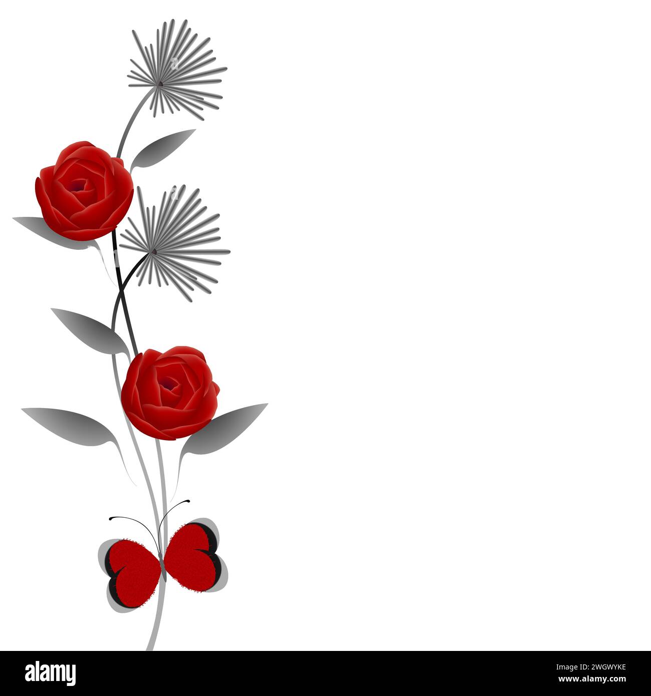 Abstract bouquet of roses and butterfly on a white background Stock ...