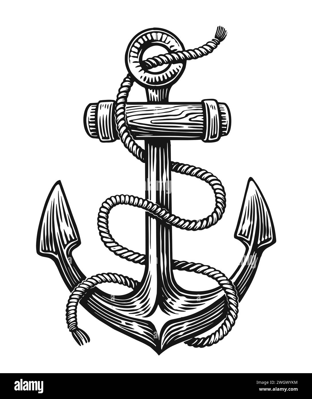 Hand drawn ship sea Anchor with rope. Sketch vintage vector illustration Stock Vector