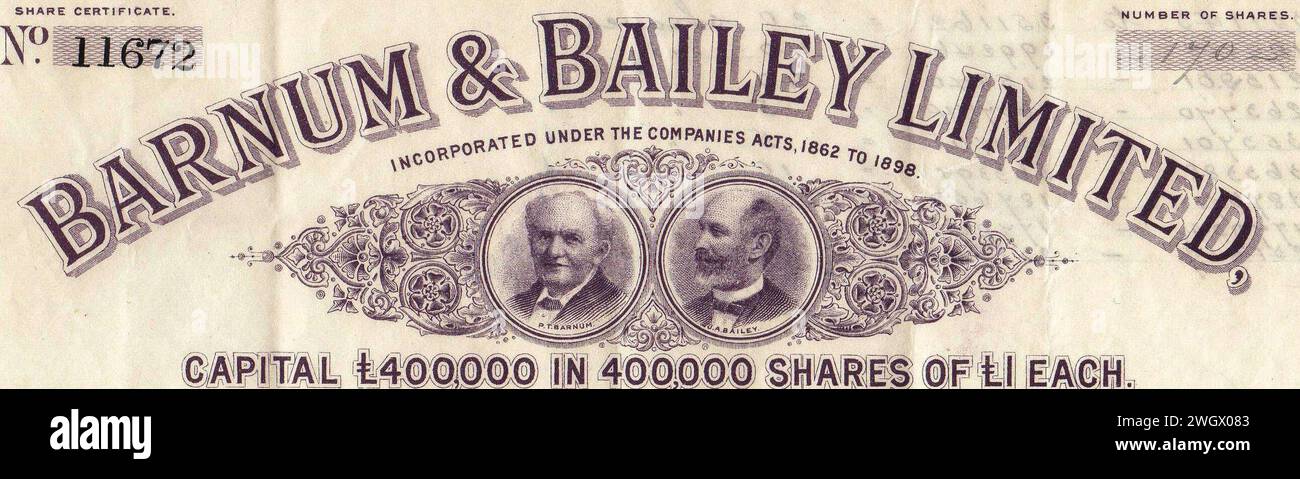 Art detail, stock certificate - Barnum & Bailey 1902 (cropped). Stock Photo