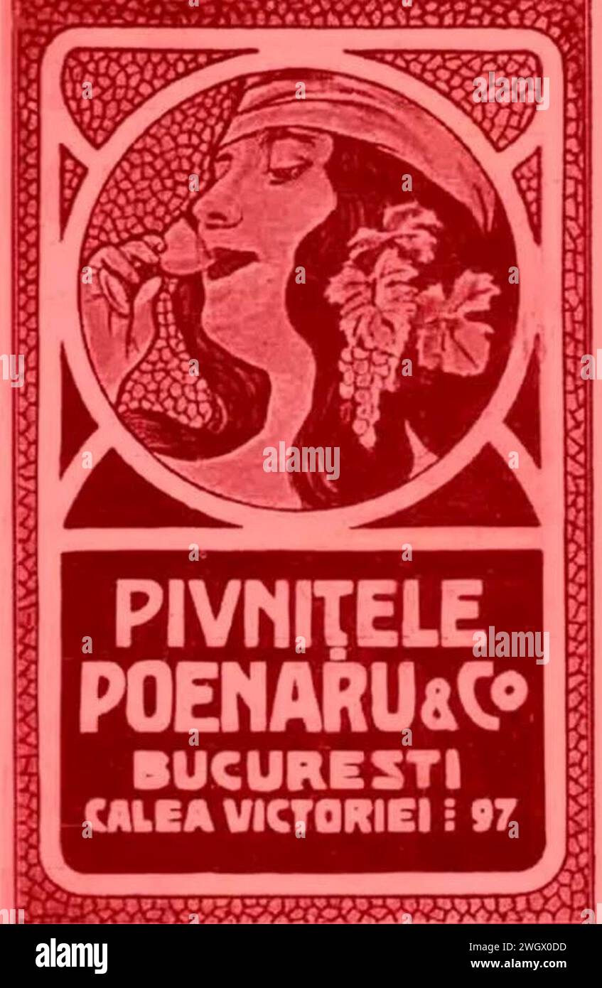 Art Nouveau poster for the Peonaru & Co Cellarage, Bucharest, Calea Victoriei no. 97. Stock Photo