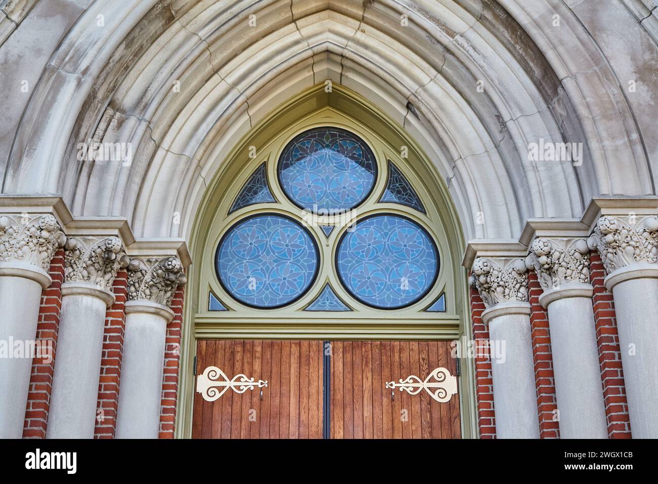Gothic Church Doorway with Stained Glass, Fort Wayne Stock Photo