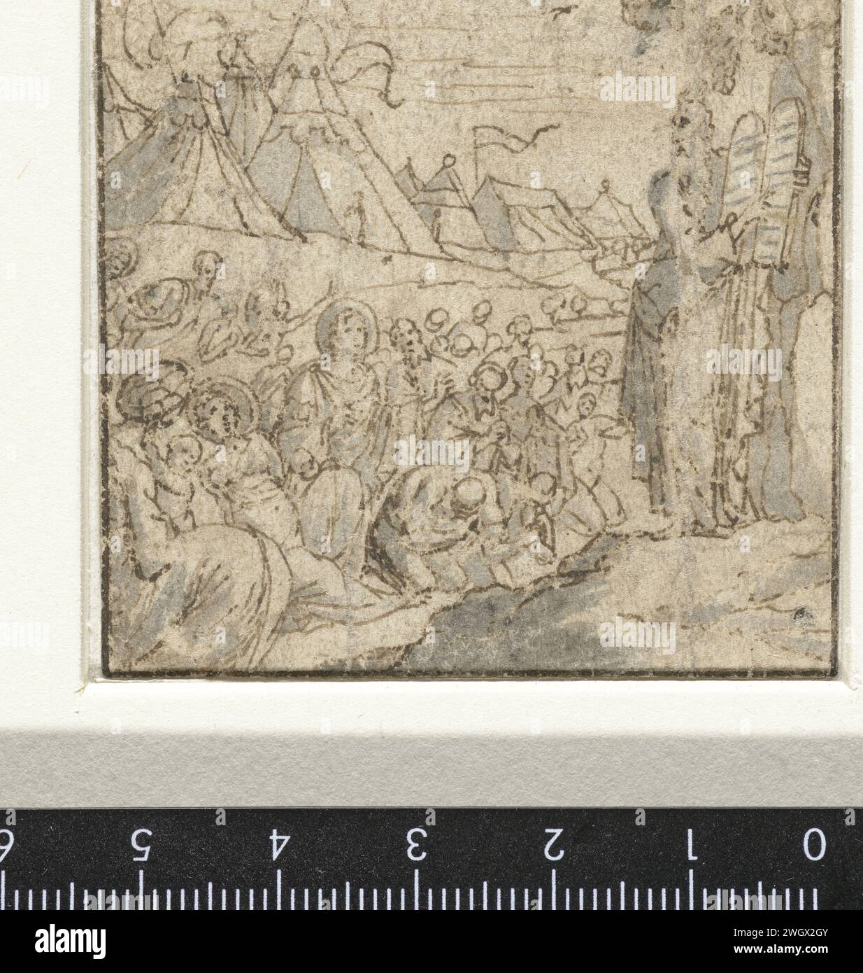 Moses shows the Tables of the Law, Anonymous, 1600 - 1699 drawing   paper. ink pen / brush Moses on Mount Sinai with the tables of the law (Exodus 24:9-18, 31:18) Stock Photo