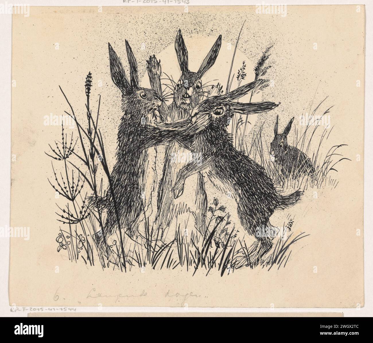 Fighting Hazes, Henri Verstijnen, 1892 - 1940 drawing Three hares fight ...