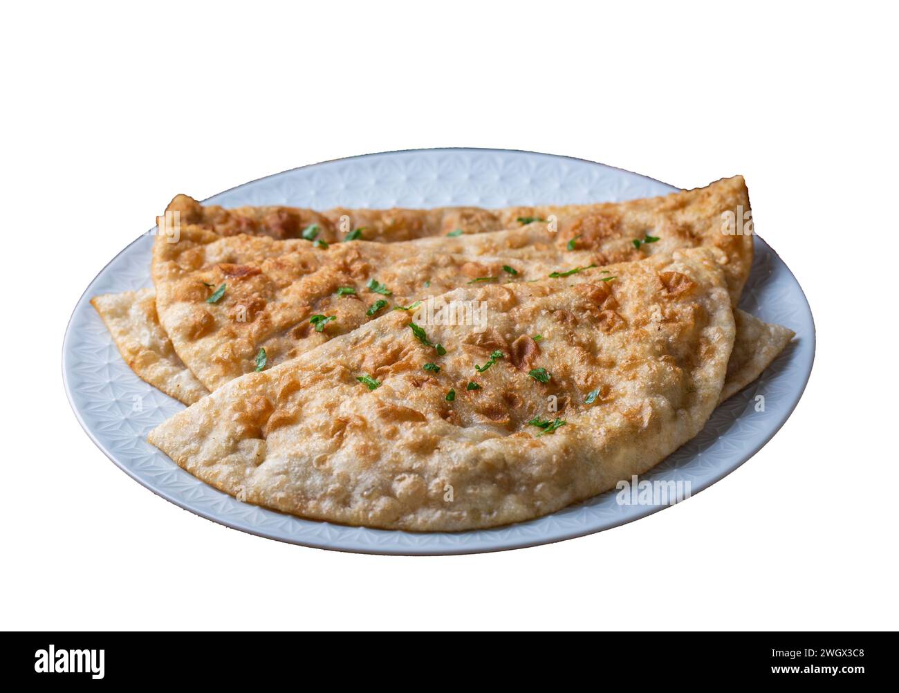 Traditional fried D pastry from Turkish cuisine. Turkish name; D borek or Ci borek Stock Photo