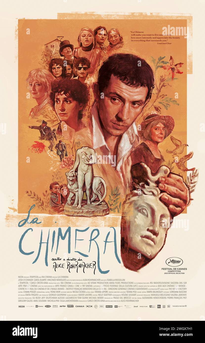 La Chimera (2023) directed by Alice Rohrwacher and starring Josh O'Connor, Carol Duarte and Vincenzo Nemolato.  A young British archaeologist gets involved in an international black market for the sale of stolen Etruscan artifacts during the 1980s. US advance poster ***EDITORIAL USE ONLY***. Credit: BFA / Neon Stock Photo