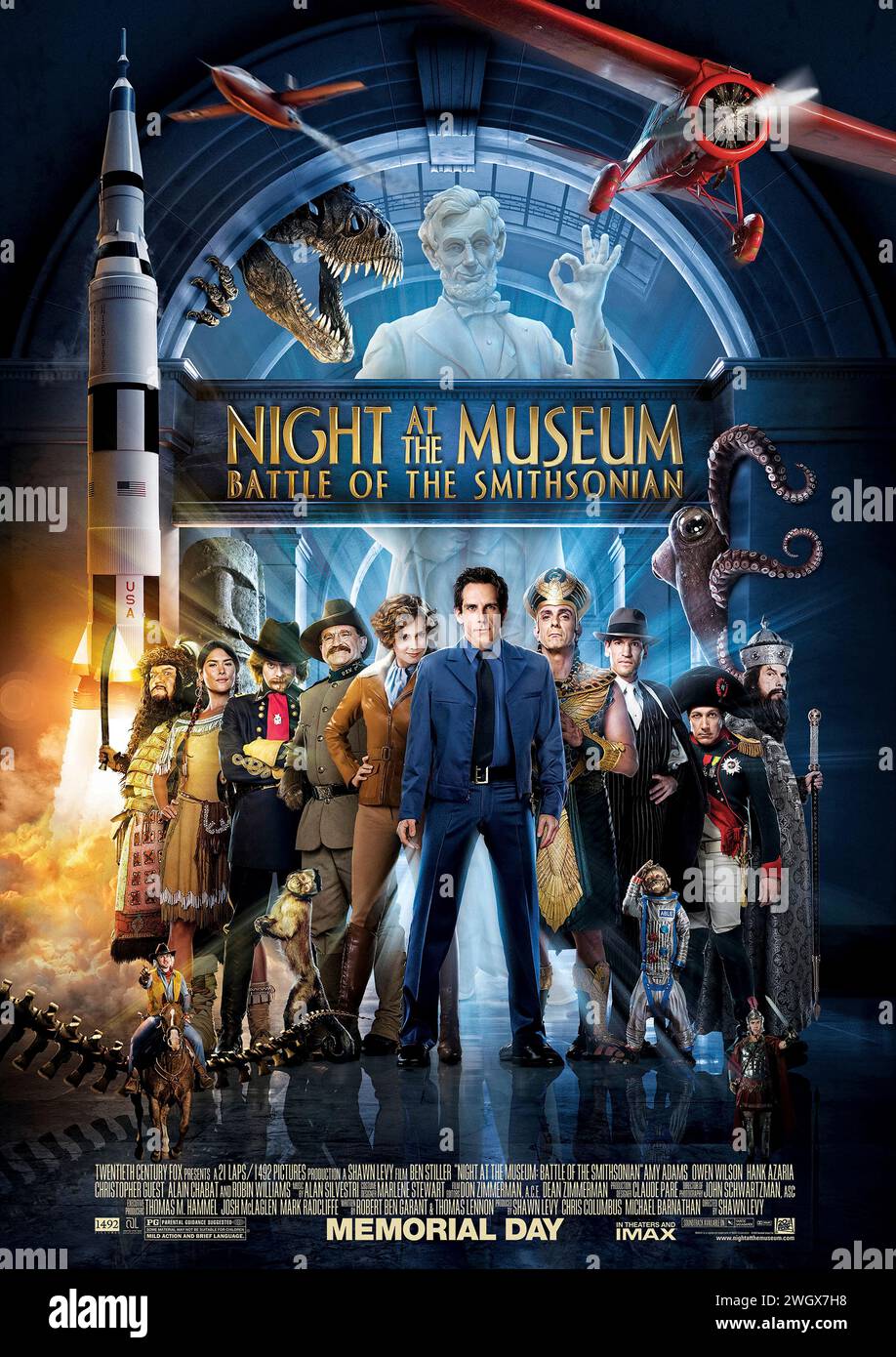Night at the Museum: Battle of the Smithsonian (2009) directed by Shawn Levy and starring Ben Stiller, Owen Wilson and Amy Adams. Security guard Larry Daley infiltrates the Smithsonian Institution in order to rescue Jedediah and Octavius, who have been shipped to the museum by mistake. US one sheet poster ***EDITORIAL USE ONLY***. Credit: BFA / 20th Century Fox Stock Photo