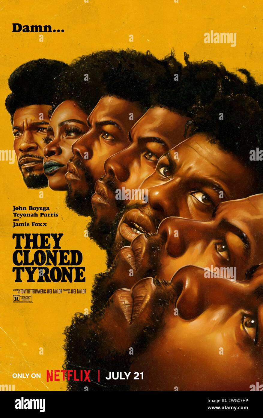 They Cloned Tyrone (2023) directed by Juel Taylor and starring John Boyega, Jamie Foxx and Teyonah Parris. A series of eerie events thrusts an unlikely trio onto the trail of a nefarious government conspiracy in this pulpy mystery caper. US publicity poster ***EDITORIAL USE ONLY***. Credit: BFA / Netflix Stock Photo