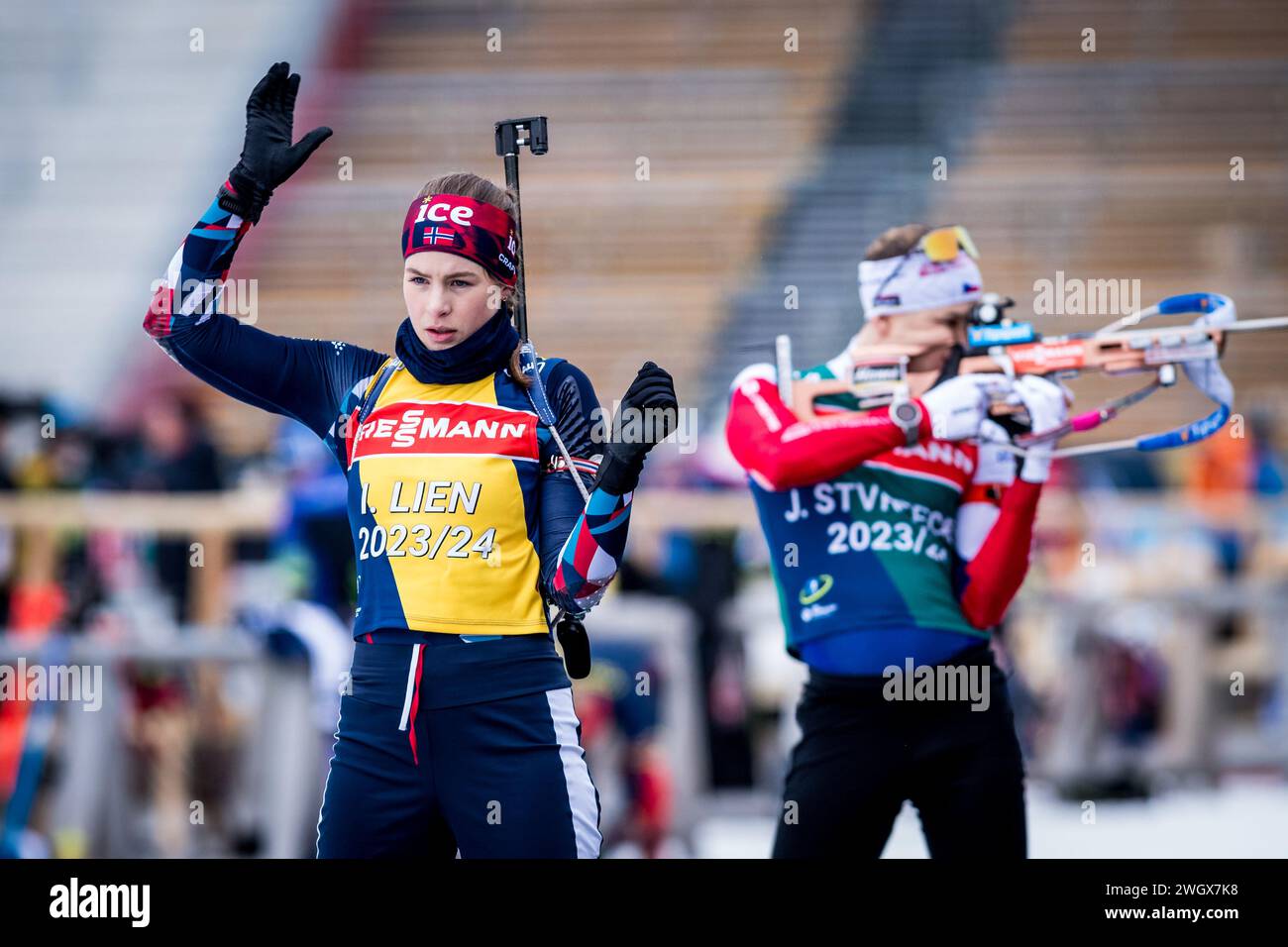 Ida Lien of Norway, left, during official training for the Biathlon