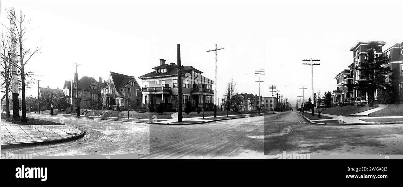 Asahel Curtis panorama of First Hill, Seattle, c. 1903, showing intersection of Columbia St and Summit Ave, Seattle. Stock Photo