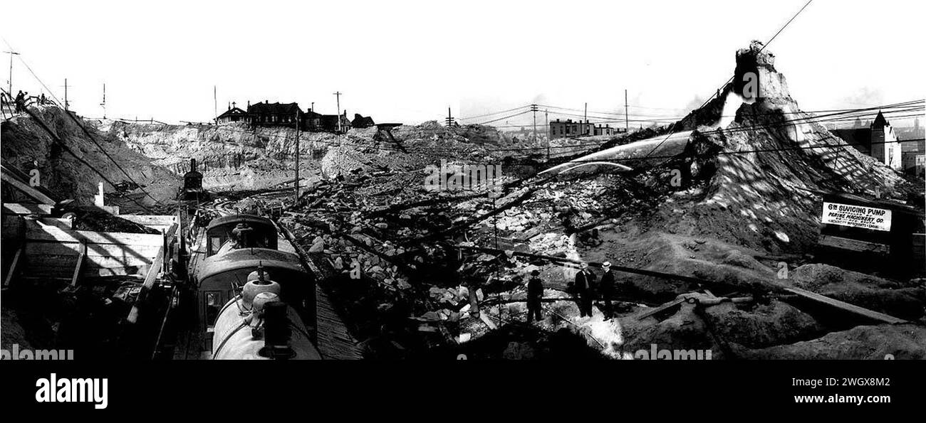 Asahel Curtis panorama of vicinity of 2nd Ave and Virginia St, 'the last of Denny Hill', Aug 20, 1907. Stock Photo