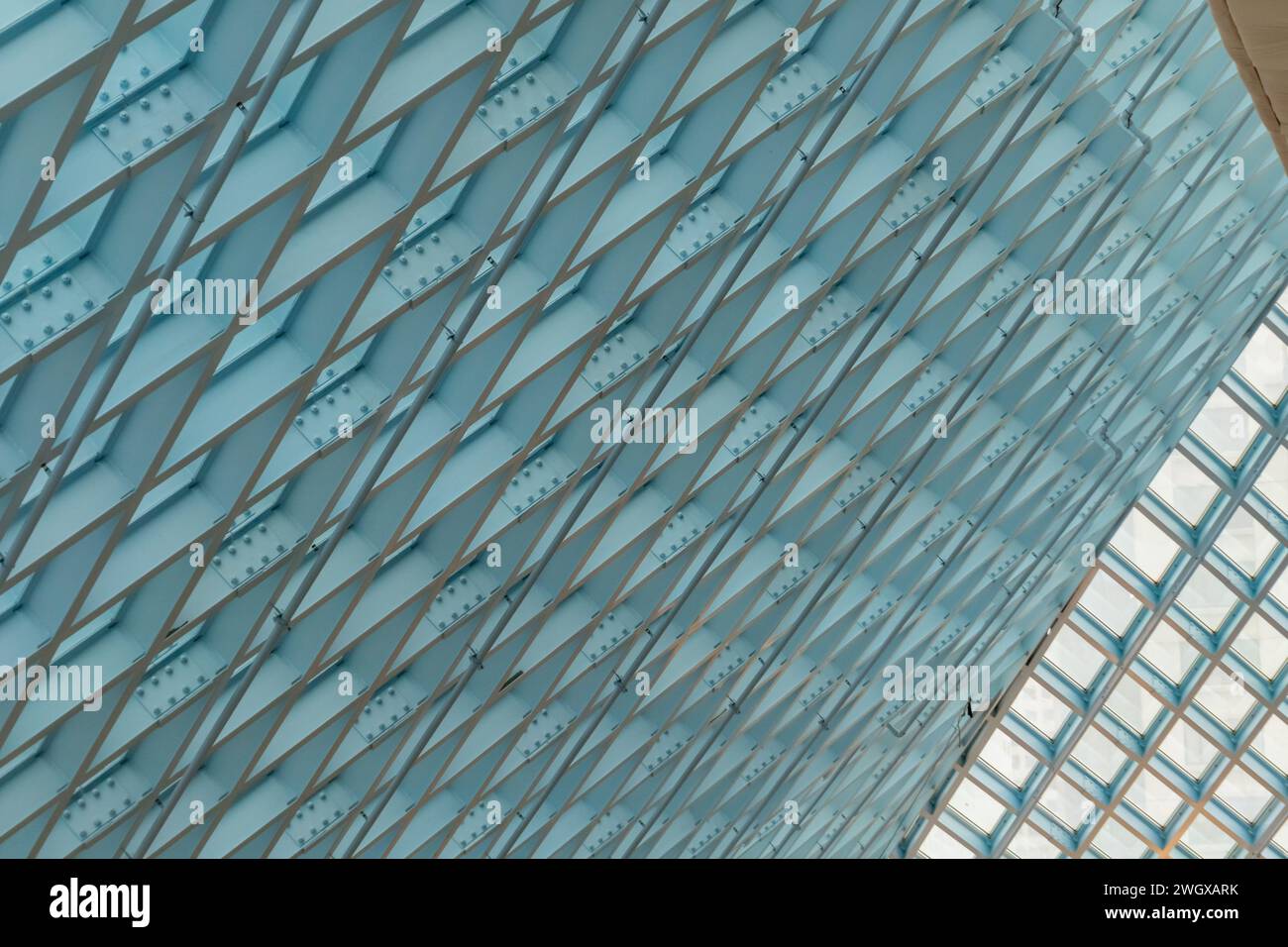 Seattle, WA, US-October 22, 2019: Geometric shapes and windows in the ceiling of the Seattle Public Library. Stock Photo