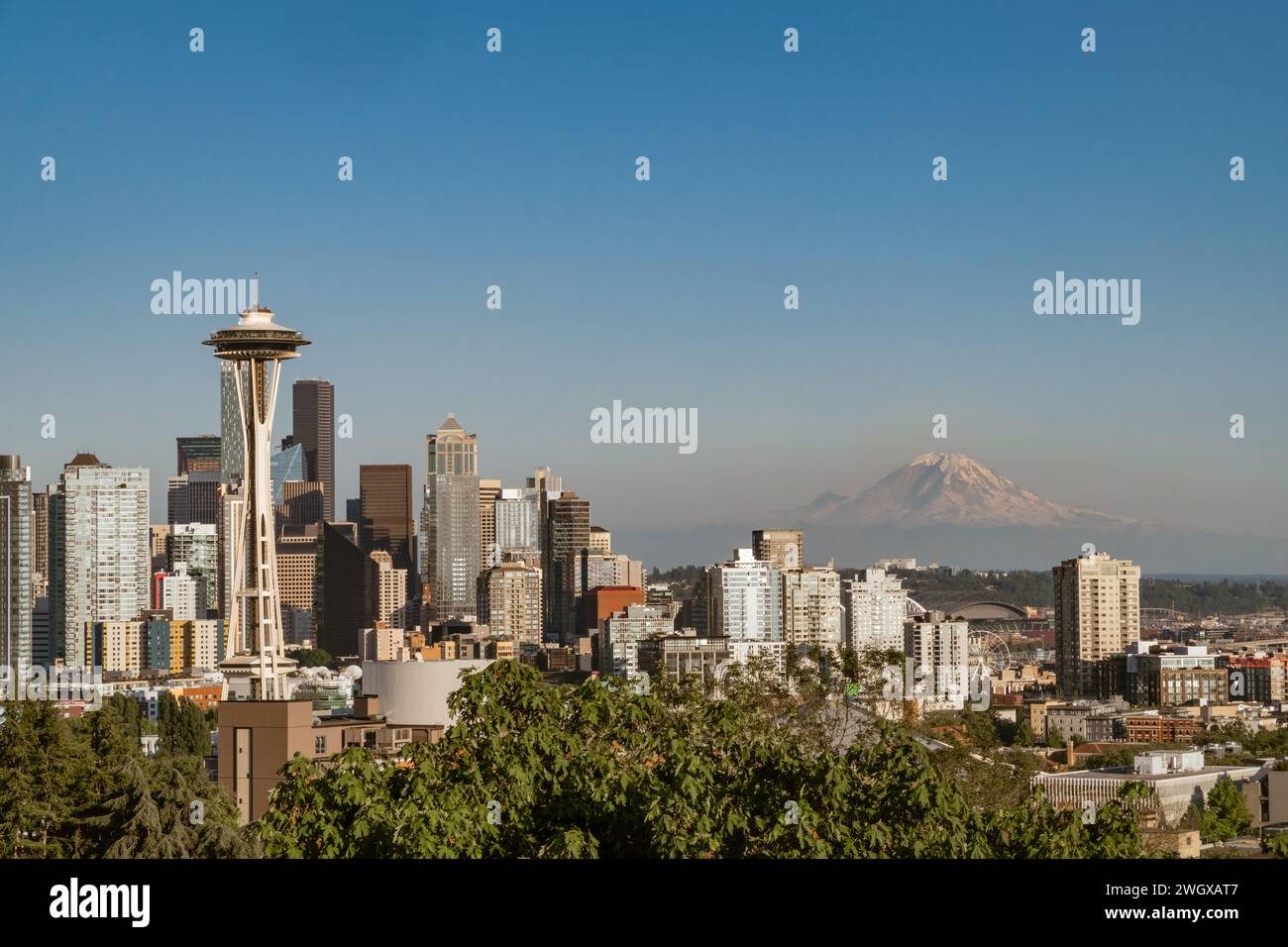Seattle skyline with Space Need in foreground and Mt. Ranier in distance. Stock Photo