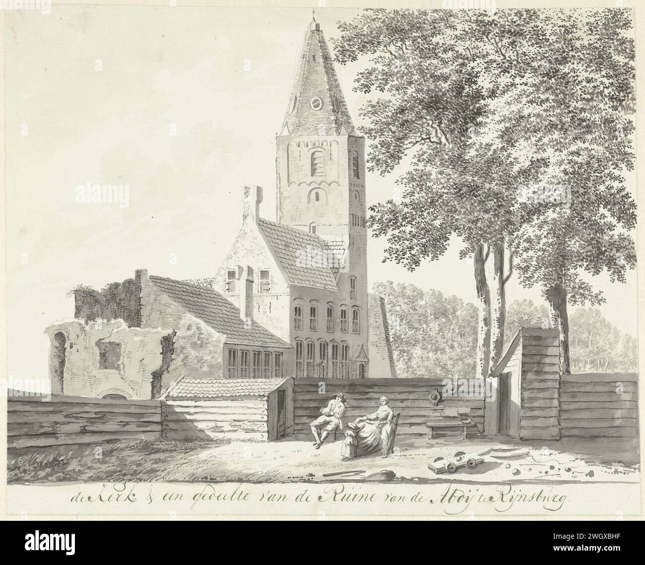 Church and part of the ruin of the Rijnsburg abbey, Hendrik Tavenier, 1784 drawing   paper. ink pen / brush ruin of church, monastery, etc. Abbey of Rijnsburg. Rijnsburg Stock Photo