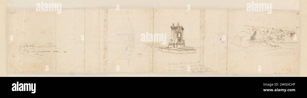 Faces on Anzio and Nettuno, a fountain and a boat, Caspar van Wittel, 1674 - 1736 drawing  Anzio paper. graphite (mineral). ink pen / brush ornamental fountain. prospect of city, town panorama, silhouette of city. sailing-ship, sailing-boat Anzio. Neptune Stock Photo