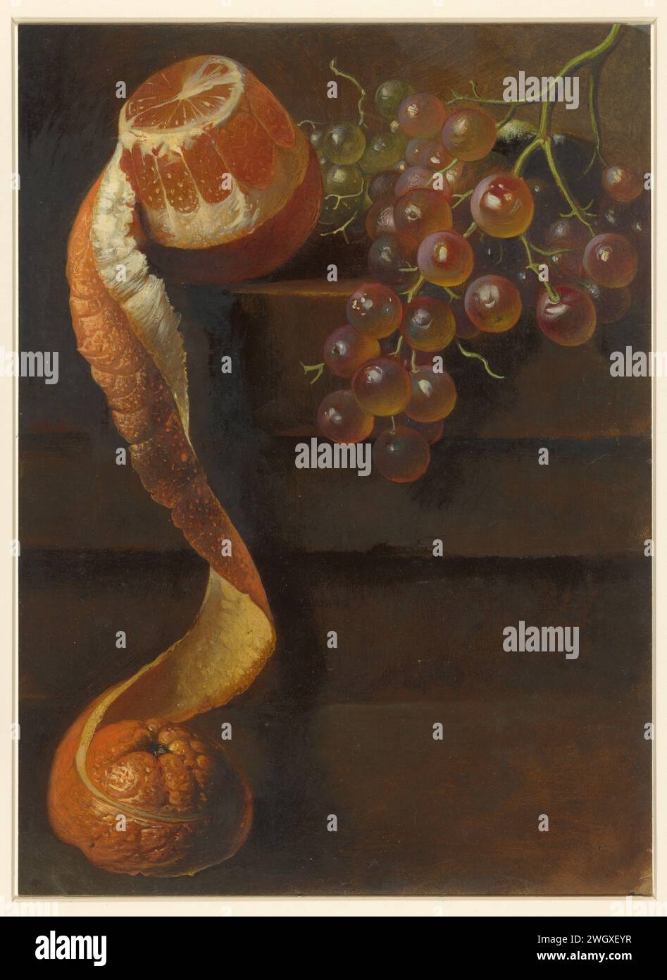 Still life with peeled orange and grapes, Albertus Steenbergen, 1824 - 1900 drawing   paper. oil paint (paint) brush fruit. fruits: orange. fruits: grape Stock Photo