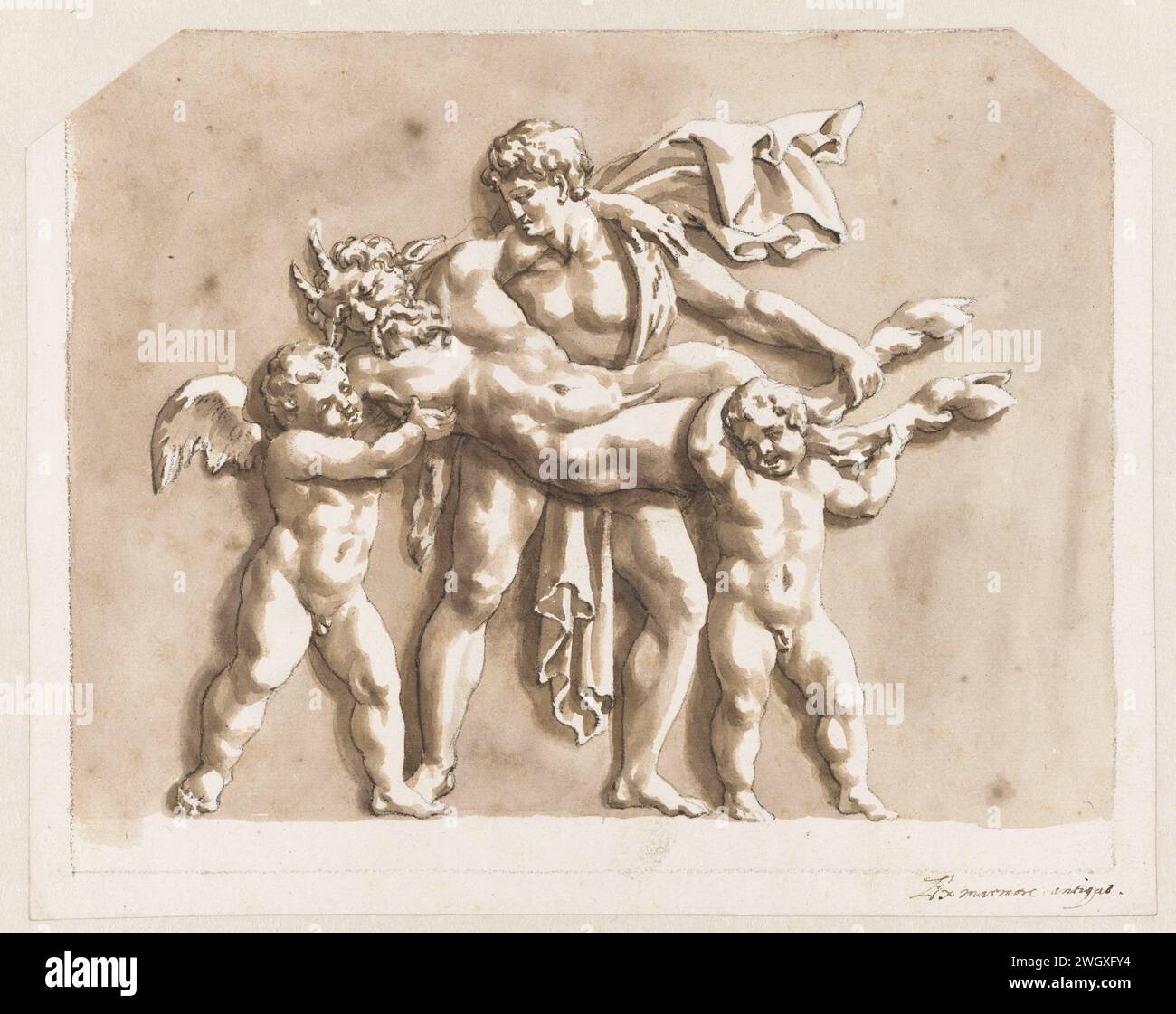 Reproduction Putti Sater, worn by two putti and a young man, Jan de Bisschop, After ...
