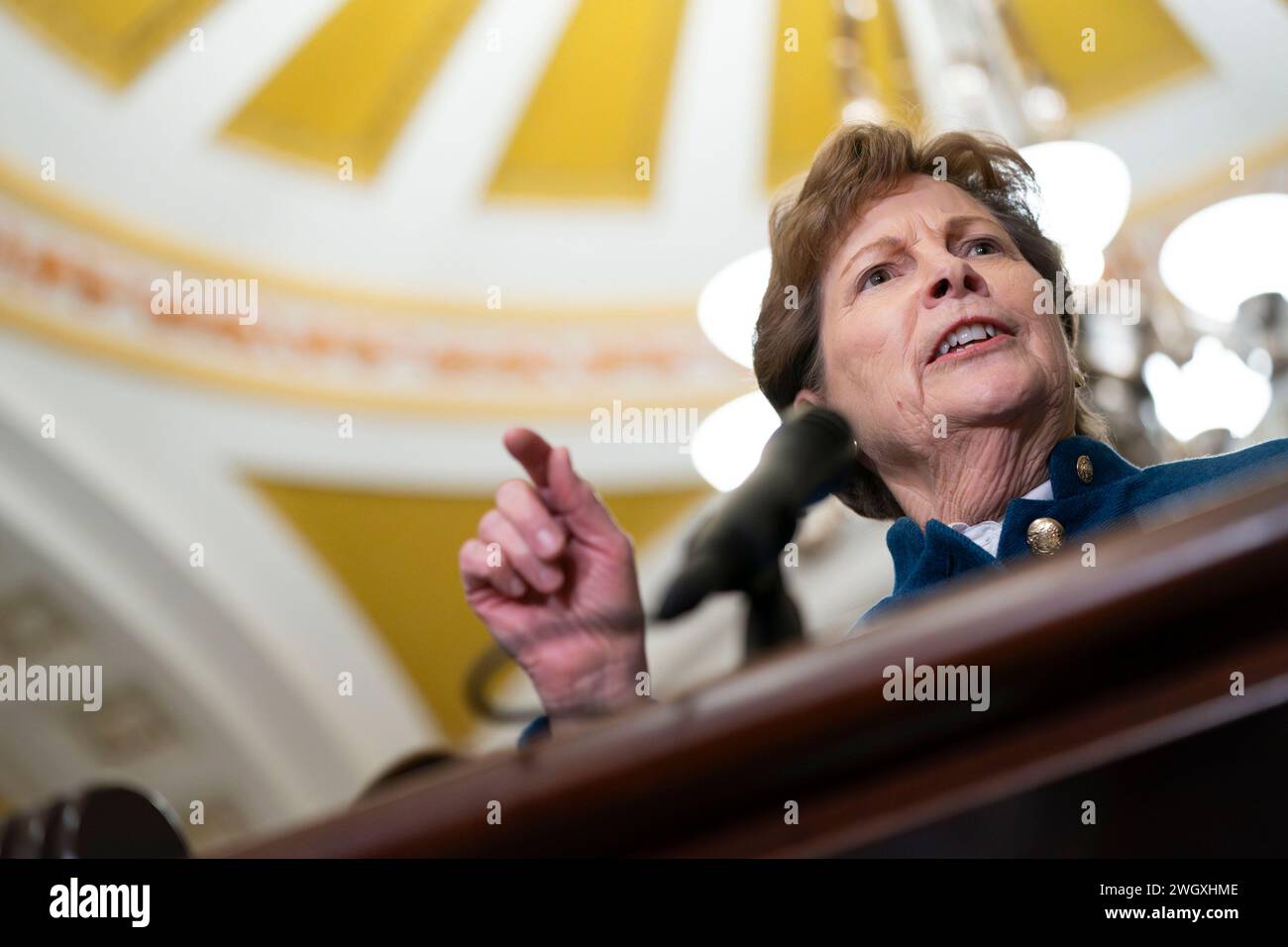 Washington, United States. 06th Feb, 2024. Sen. Jeanne Shaheen, D-NM, speaks during a press conference after weekly Senate Democrats caucus luncheons at the U.S. Capitol in Washington, DC on Tuesday, February 6, 2024. Photo by Bonnie Cash/UPI Credit: UPI/Alamy Live News Stock Photo