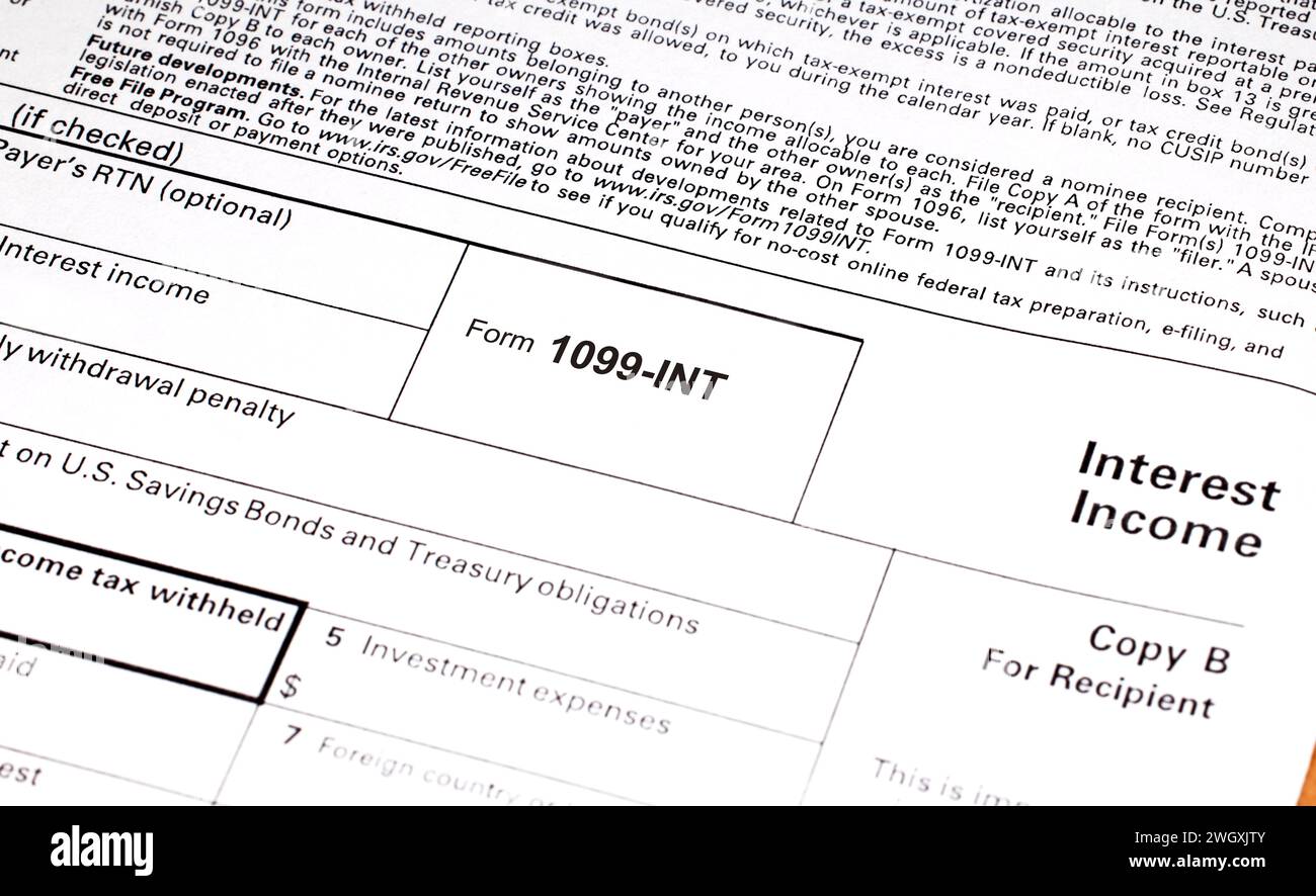 Form 1099-INT Interest Income tax reporting form Stock Photo