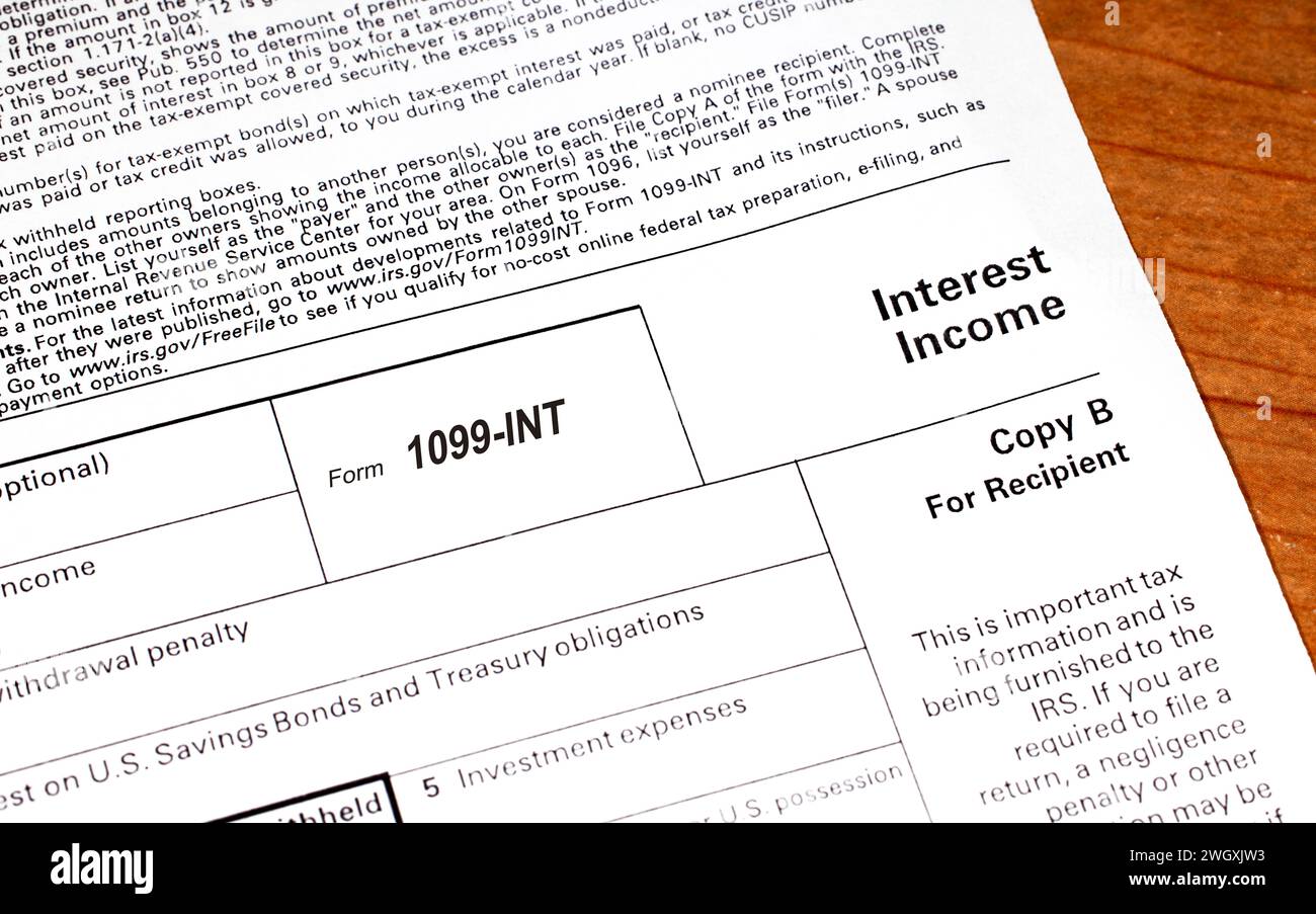 Form 1099-INT Interest Income tax reporting form Stock Photo