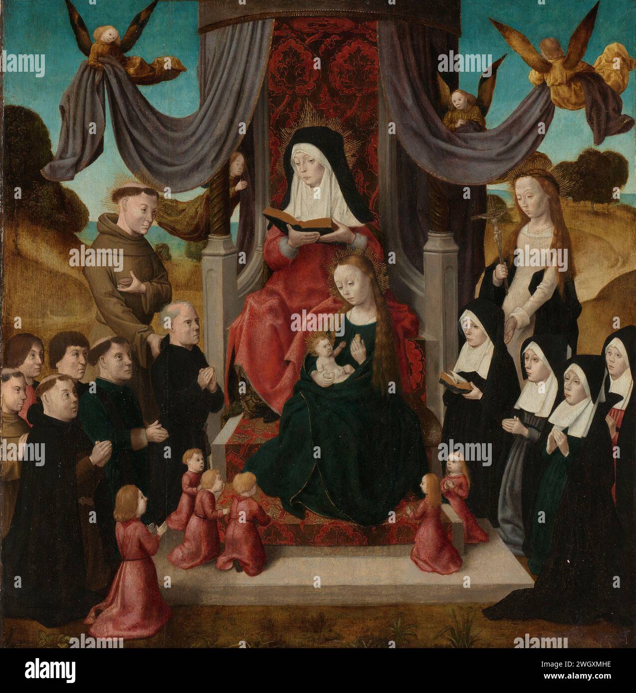 Virgin and Child with Saint Anne and Saints Francis and Lidwina, with Donors (Anna Selbdritt), Master of the Saint John Panels, c. 1490 - c. 1500 painting The Holy Anna in three. Anna is on the throne, reading in a book. At her feet, Mary sits with the Christ child on her lap. On the left, six male founders kneel in worship with Saint Francis, on the right four founders with the Holy Lidwina. Five children kneel on the stairs of the throne. Angels in the air keep the curtains up on either side of the throne.  panel. oil paint (paint)  'Anna selbdritt', i.e. Anna, Mary and Christ-child close to Stock Photo