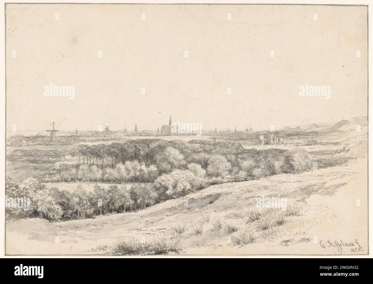 Landscape with a few mills and a church in the offing, Cornelis Steffelaar, 1825 drawing   paper. chalk brush factories and mills in landscape. landscape with tower or castle Stock Photo