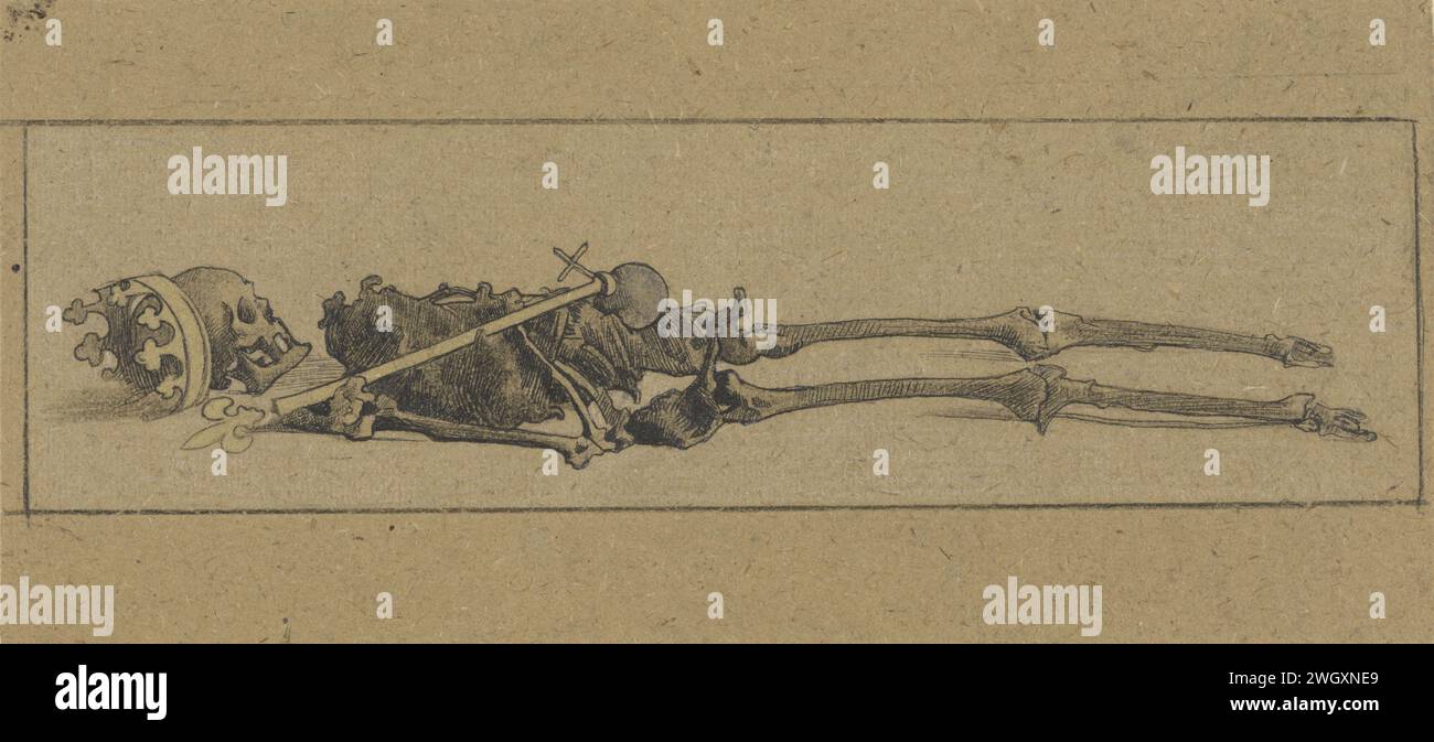 Lying skeleton with crown and scepter, Richard Nicolaüs Roland Holst, 1878 - 1938 drawing   cardboard. ink. chalk pen (human) skeleton. the corpse. ruler, sovereign Stock Photo