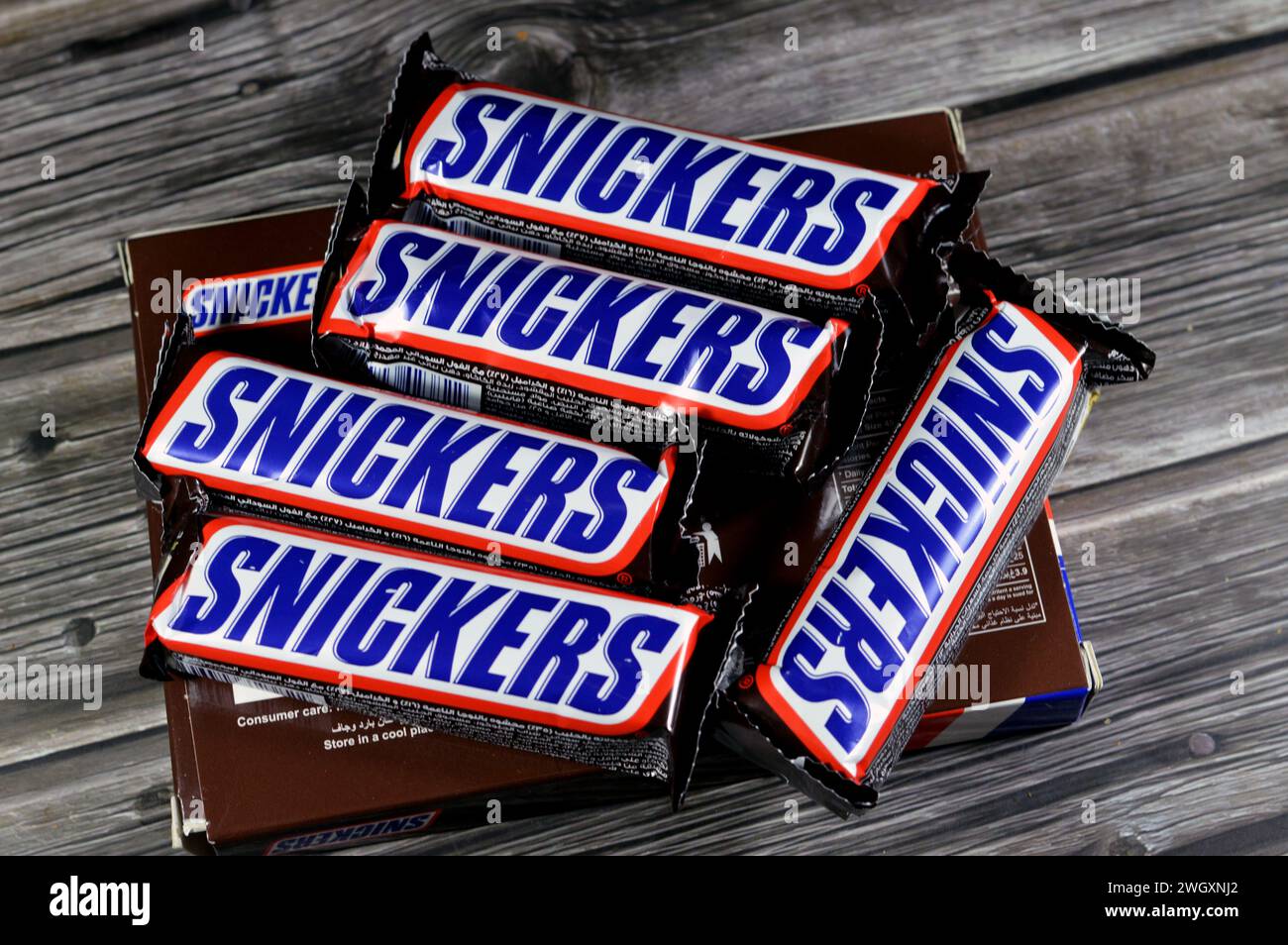 Cairo, Egypt, February 4 2024 Snickers, a brand of chocolate bar consisting of nougat topped