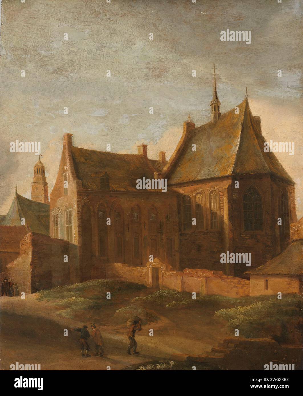 Convent of Saint Agnes in Utrecht, Pieter des Ruelles, 1650 - 1658 painting View of the Agnietenklooster in Utrecht, from outside the walls. In the foreground some figures.  panel. oil paint (paint)  church (exterior). abbey, monastery, convent  Roman Catholic church Agnietenklooster Stock Photo