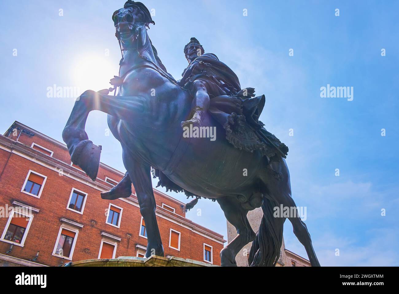 The worm's eye view of the equestrian statue of Alessandro Farnese on Cavalli Square, Piacenza, Italy Stock Photo