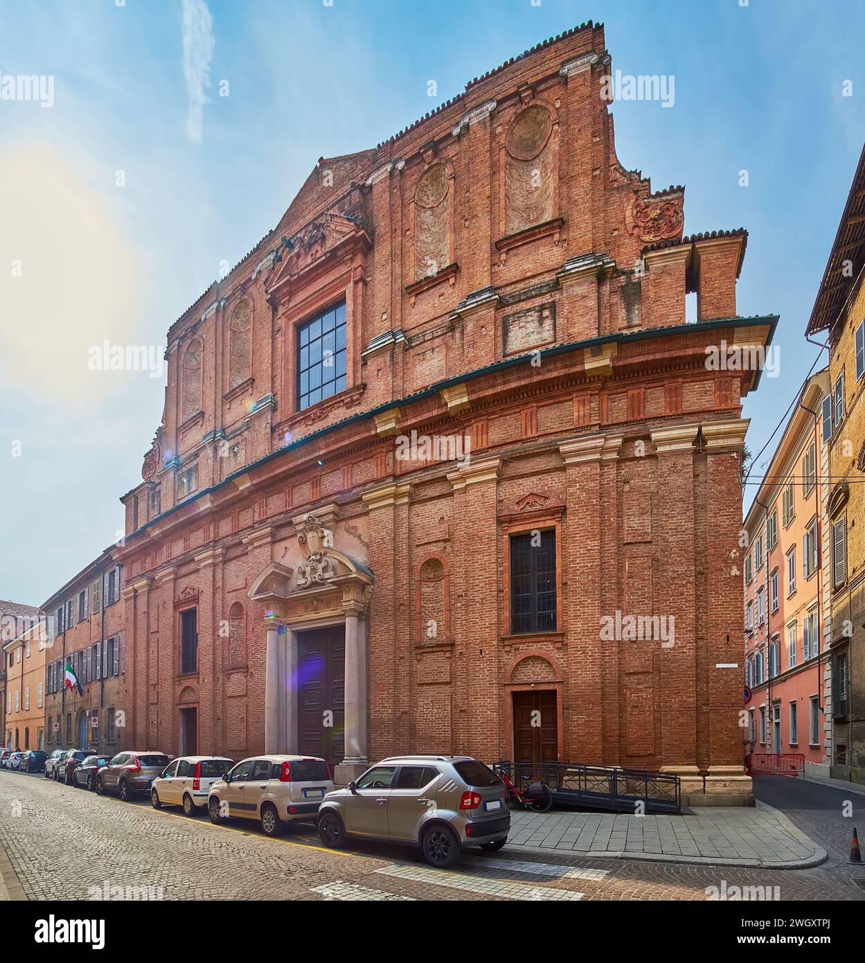 The brick facade of San Vincenzo (Theatine) Church, located on Via Scalabrini, Piacenza, Italy Stock Photo
