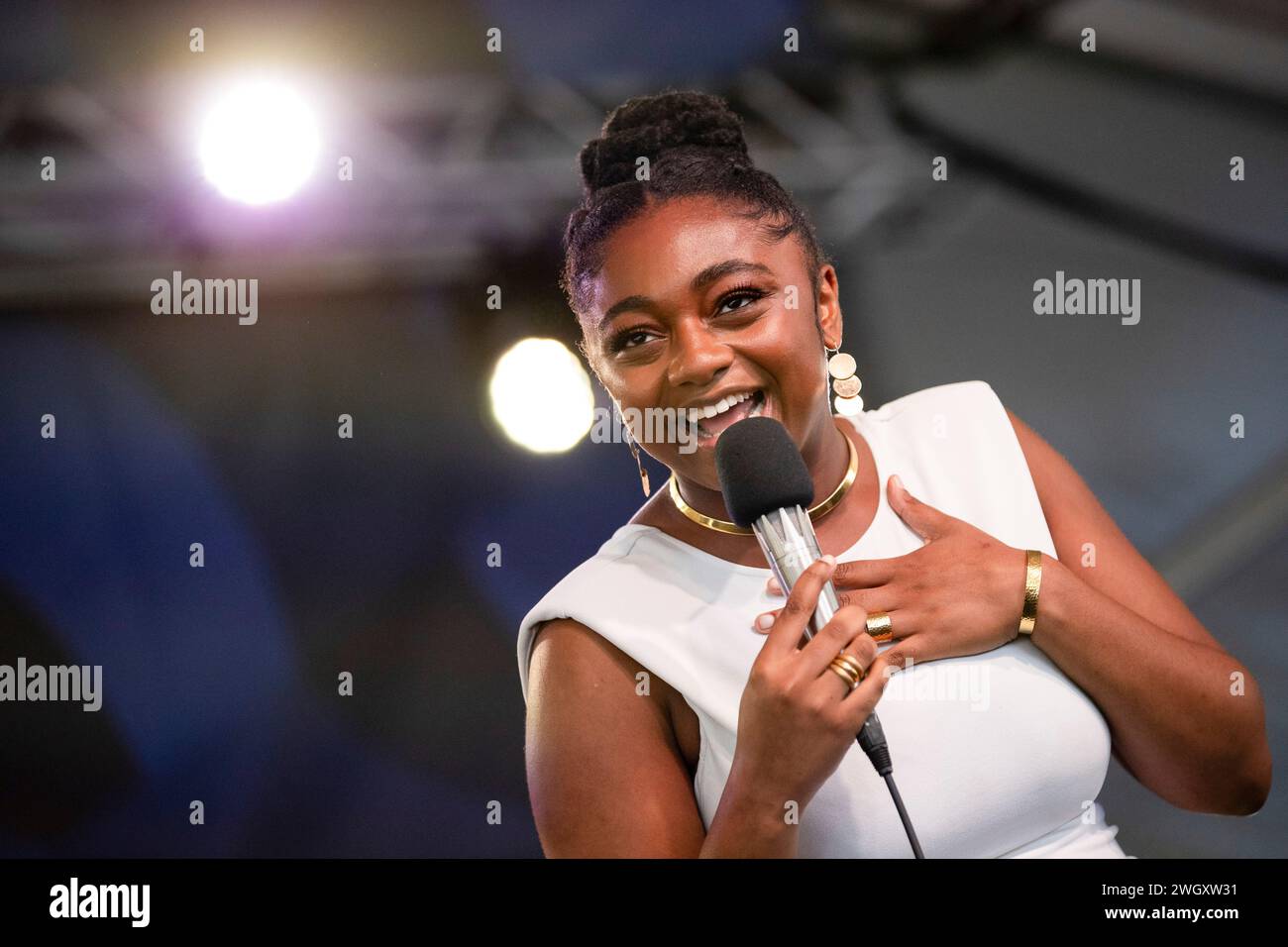 Samara Joy performs on the quad stage at the 2023 Newport Jazz Festival