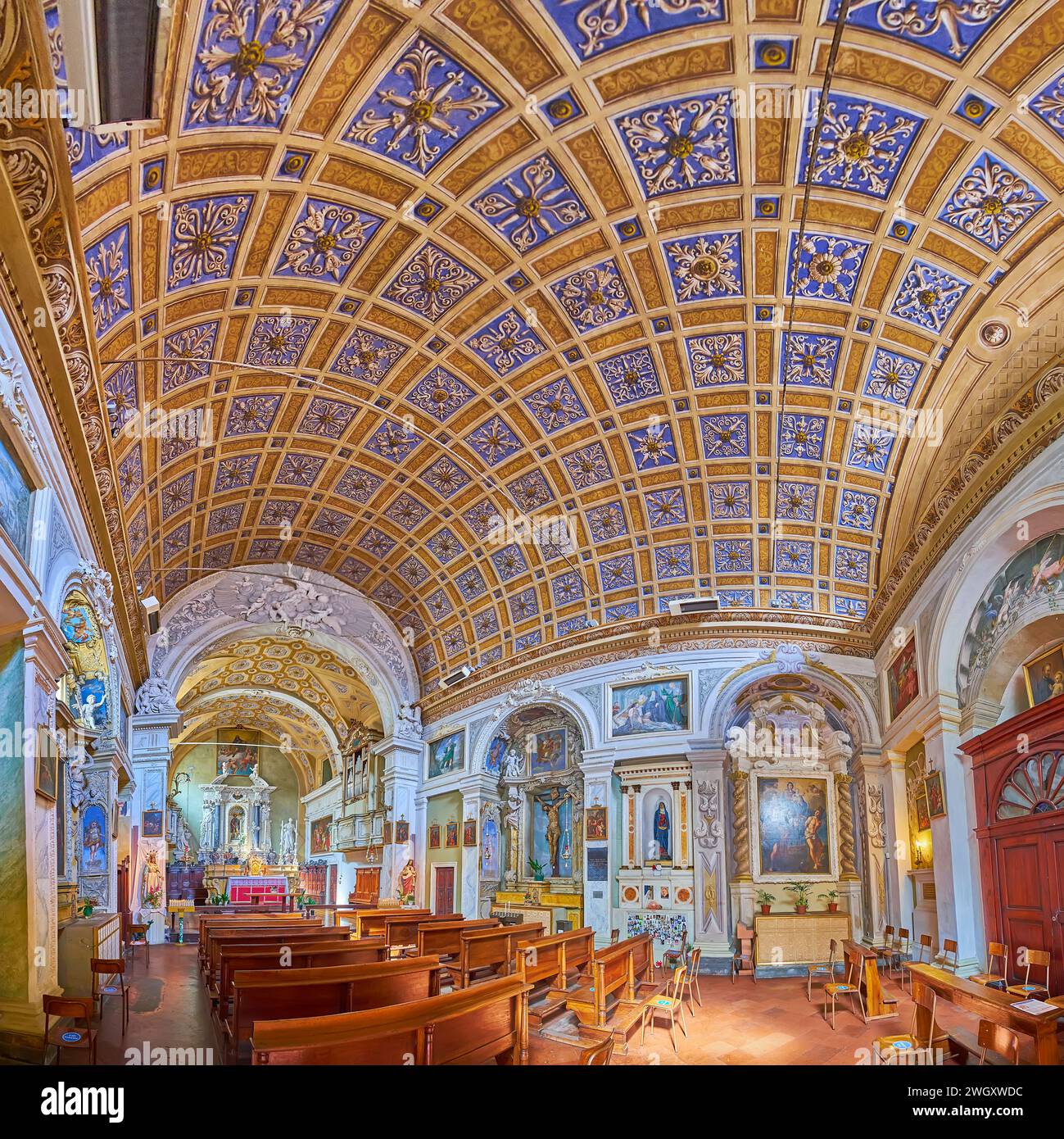 PIACENZA, ITALY - APRIL 6, 2022: Panoramic view of San Rocco Church interior, decorated with paintings, frescoes, stucco decors, sculptures, Piacenza, Stock Photo