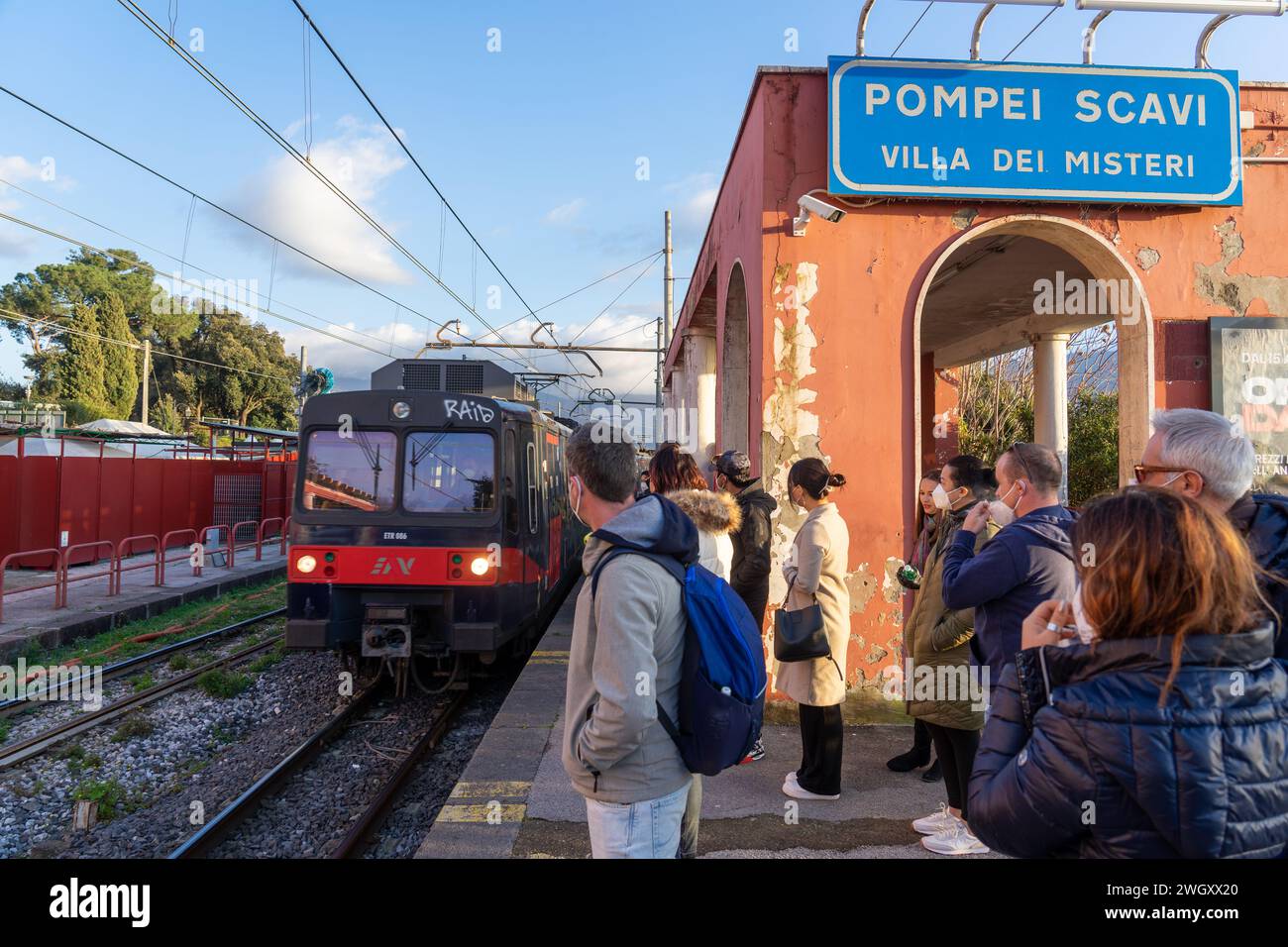 Pompeii passenger train station, mystery village in Italy with train arrival.pompei-napoles-italy Stock Photo