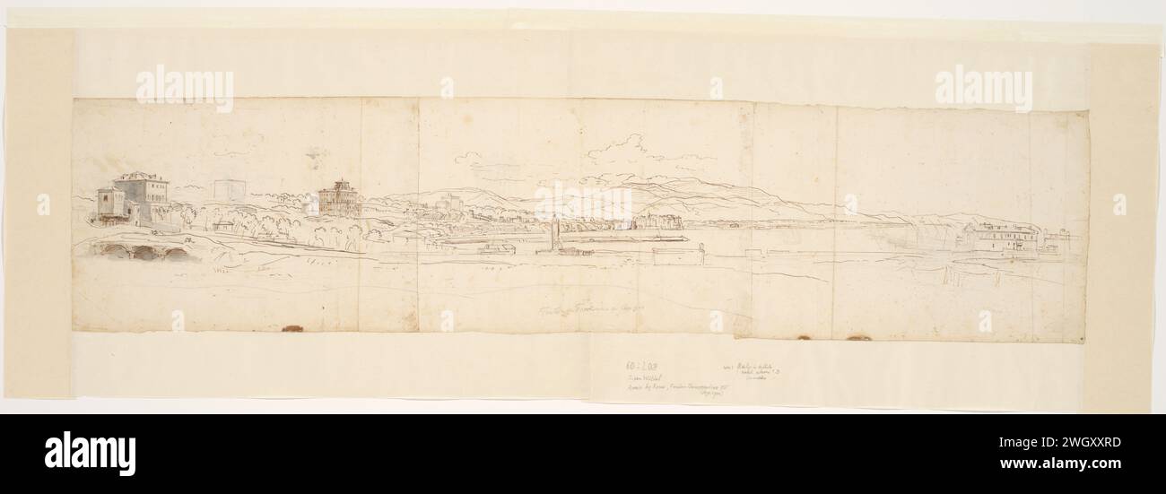 Panorama of the Bay and Cities of Anzio and Nettuno, Caspar van Wittel, 1674 - 1736 drawing  Anzio paper. graphite (mineral). chalk. ink pen / brush coast. prospect of city, town panorama, silhouette of city Anzio Stock Photo