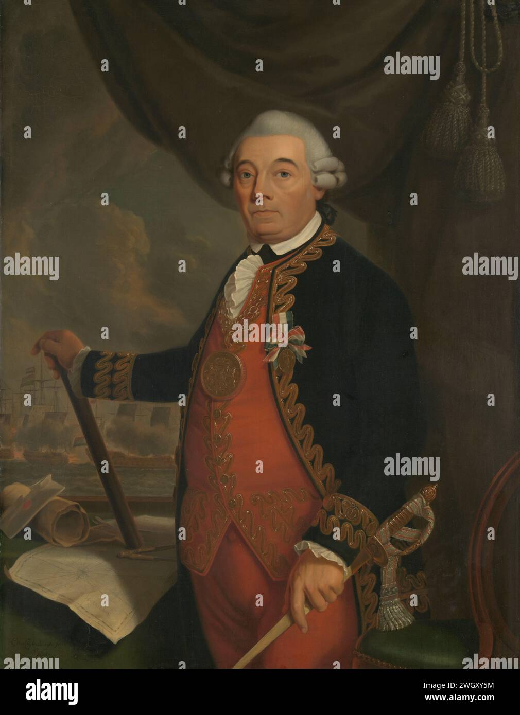 Portrait of Johan Arnold Zoutman, Cornelis van Cuylenburgh (II), 1801 painting Portrait of Johan Arnold Zoutman, vice-admiral. Knee piece standing with an admiral staff (or binoculars) in the right hand, the trouble in the left hand. Around the neck the big golden honorary medal on a golden necklace. On the left on a table are sea charts and a passer. A sea battle in the background.  canvas. oil paint (paint)  historical persons. baton of general. battle (+ naval force) Stock Photo