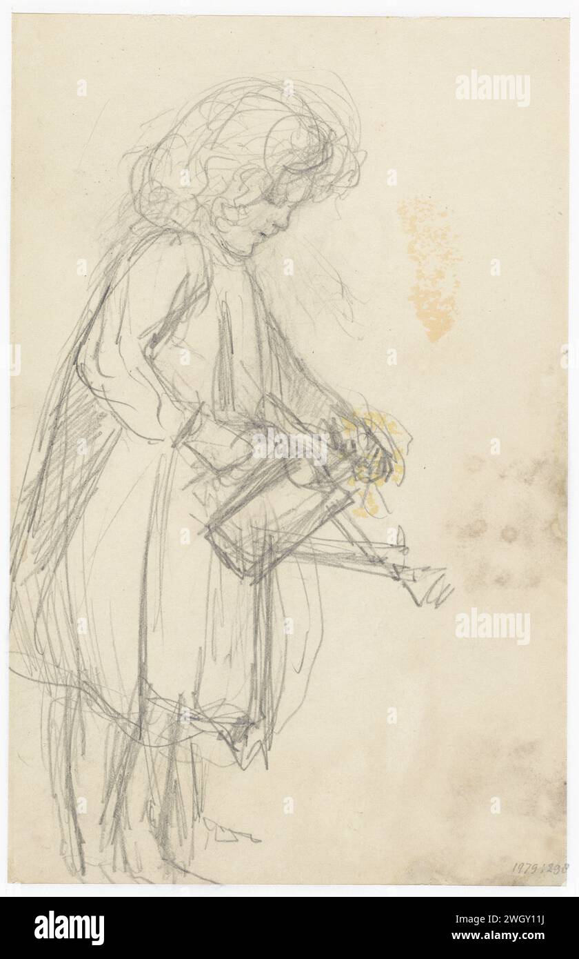 Girl with a watering can, Joseph Israëls, 1834 - 1911 drawing   paper. pencil Stock Photo