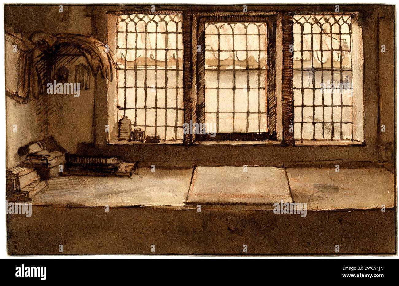Window 1848 Attributed to Willem Drost - An artist's worktable by a window ...