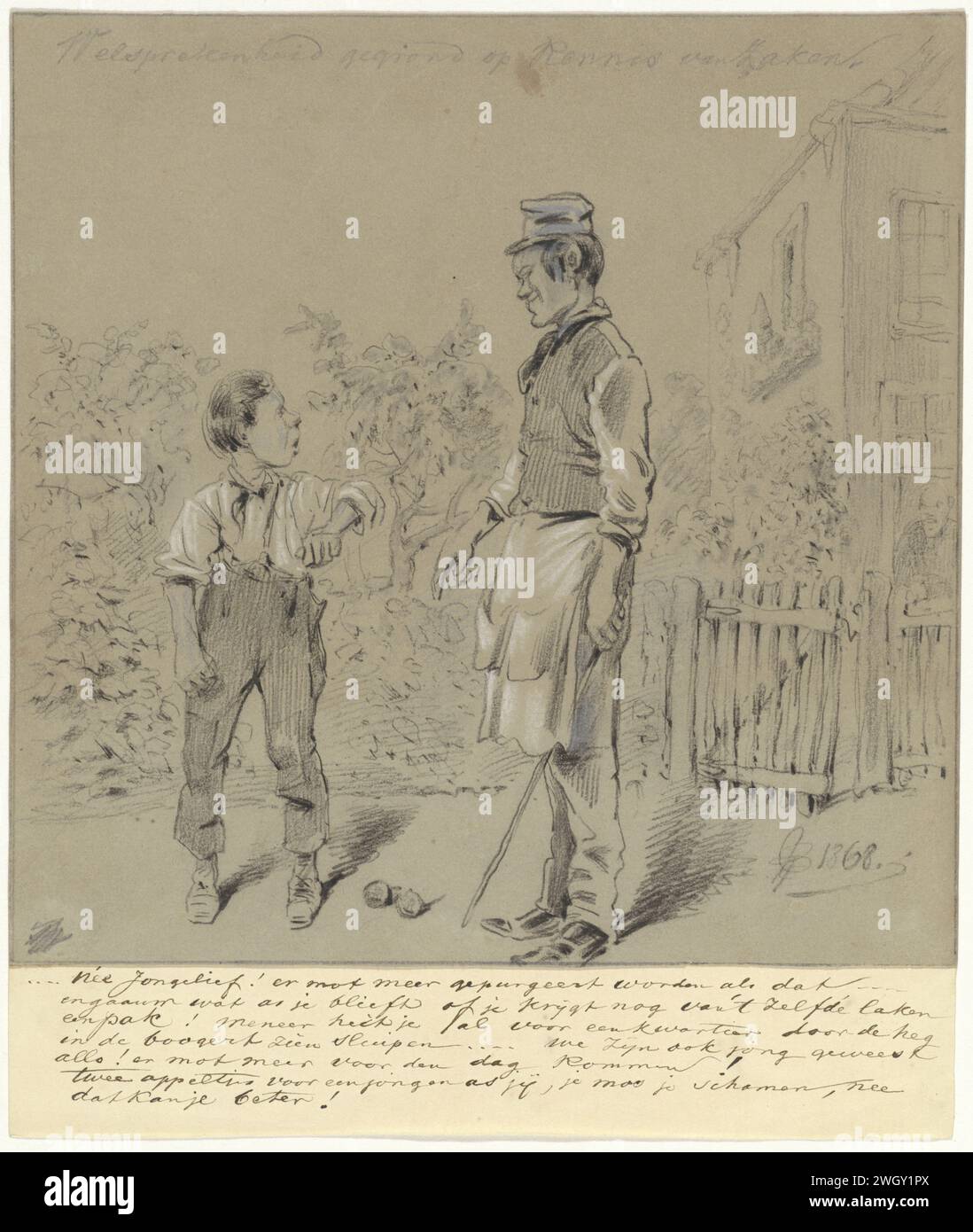 Boy caught stealing apples in Boomgaard, Pieter van Loon, 1868 drawing   paper. chalk Stock Photo