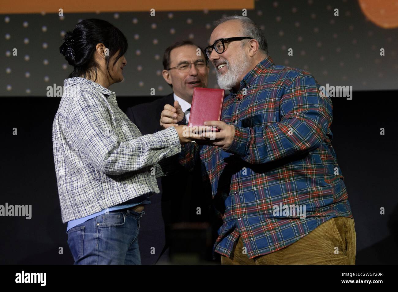 Alex de la Iglesia reacts to receiving medal CEC at Cine PAlacio de la Prensa in Madrid. Stock Photo