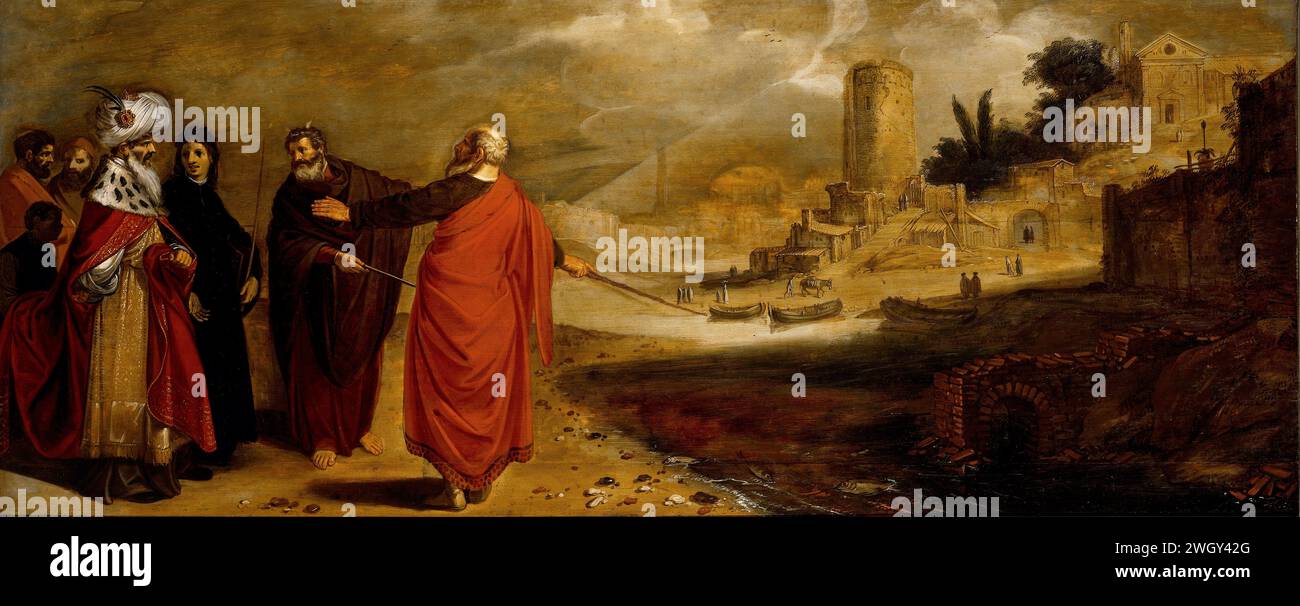 Aaron Changing the Water of the River into Blood, Jan Symonsz Pynas, 1610 painting Before Pharaoh and his consequence, Moses and Aaron change the water of the river into blood. On the right the city with a tower and a temple.  panel. oil paint (paint)  the plague of water turned into blood: as Pharaoh goes down to the Nile, Aaron strikes the surface of the river with his rod; the water turns into blood and all the fishes die Stock Photo